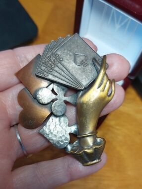 Vintage Signed K&T Copper Playing Csrds Brooch Hand